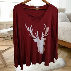 HOLIDAY CHRISTMAS DEER FESTIVE REINDEER BURGUNDY RED JERSEY KNIT SHIRT WOODLAND